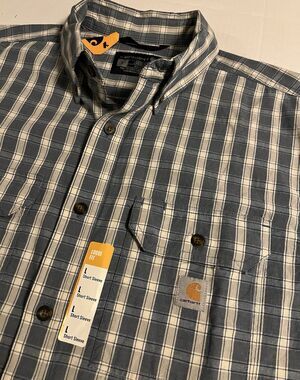 NWT Carhartt Chambray Plaid Short Sleeve Shirt Blue LARGE Loose 104625-H14 NEW